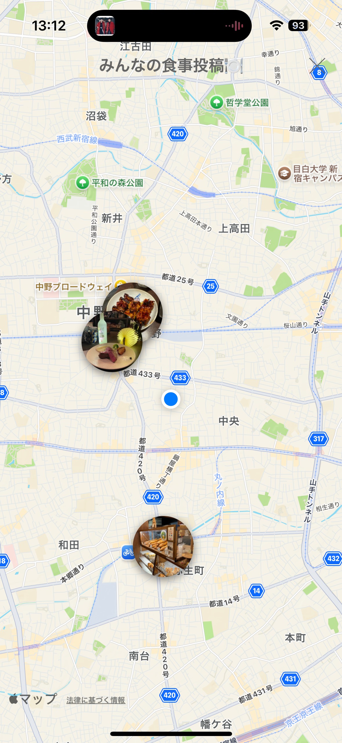 食事記録マップ画面 - 東京エリアの食事スポット